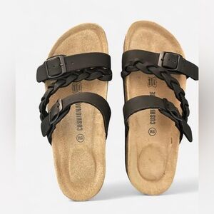 Cushionaire Women's BlackLeather and Vegan Braided Strap Slide Sandals 8M